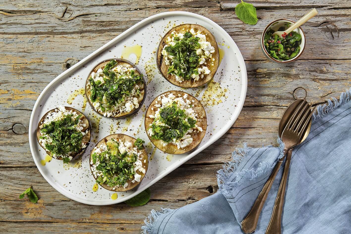 Grilled aubergine with feta cheese and herbs | Victor Guedes